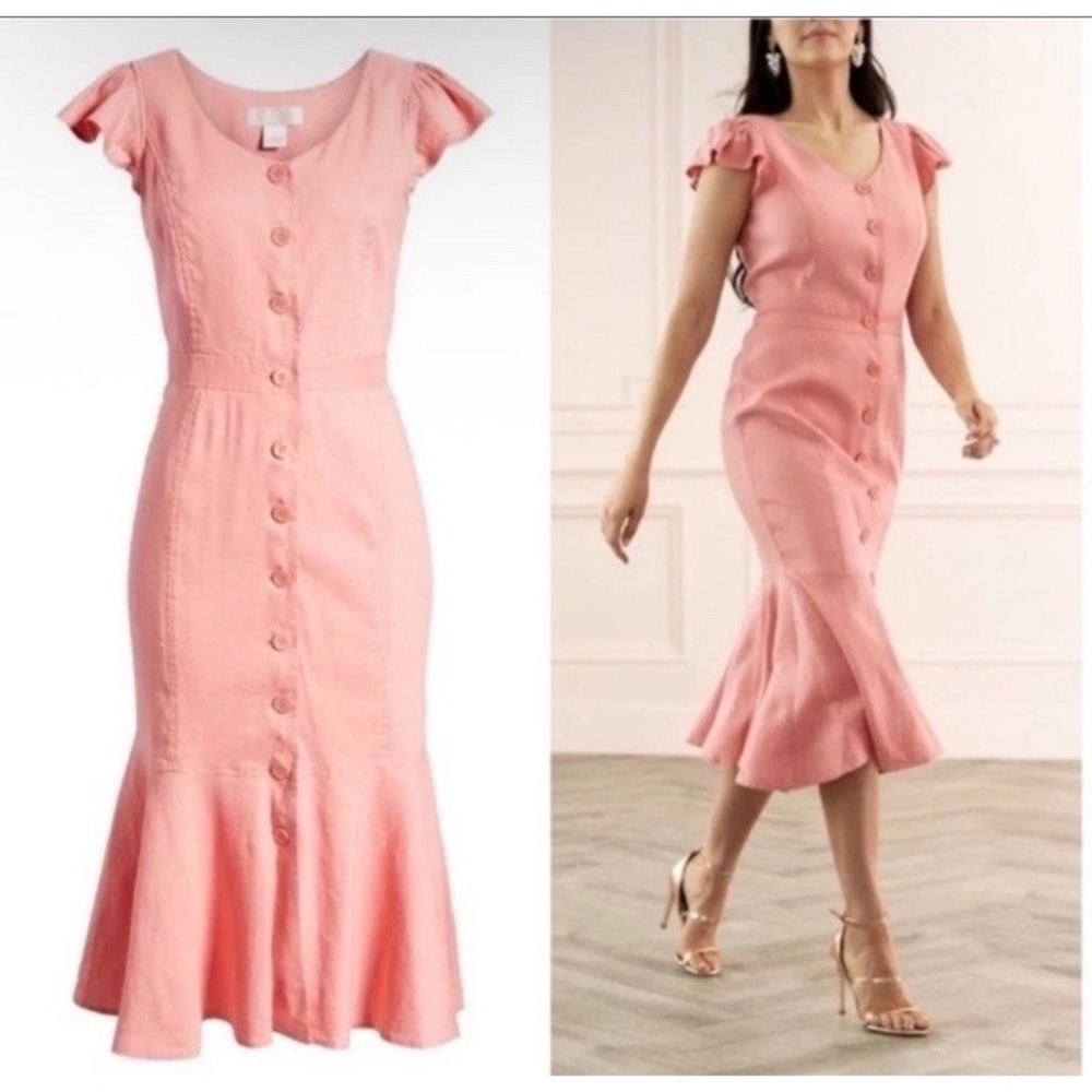 Rachel Parcell Dress Womens XS Pink‎ Linen Blend Ruffled Button Down Midi
